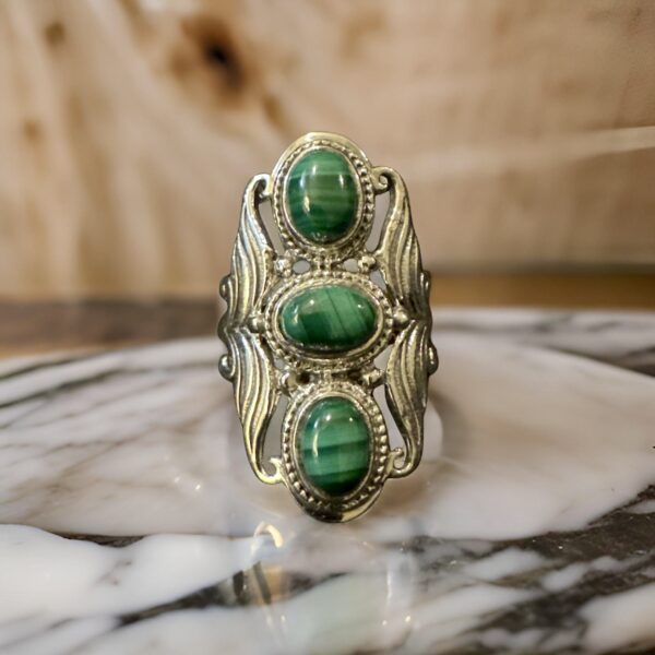 Natural 3 Stone Malachite and Solid Sterling Silver Ring Approx Sz 7