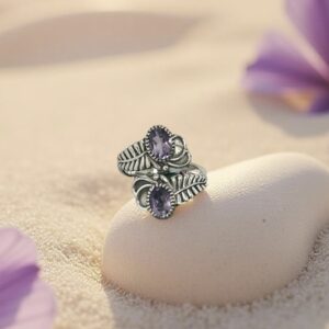 Double Amethyst Open Leaf Ring size 7.25