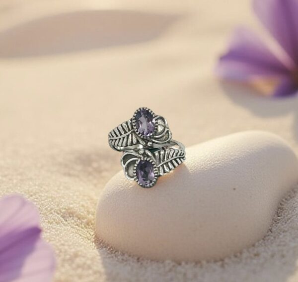 Double Amethyst Open Leaf Ring size 7.25