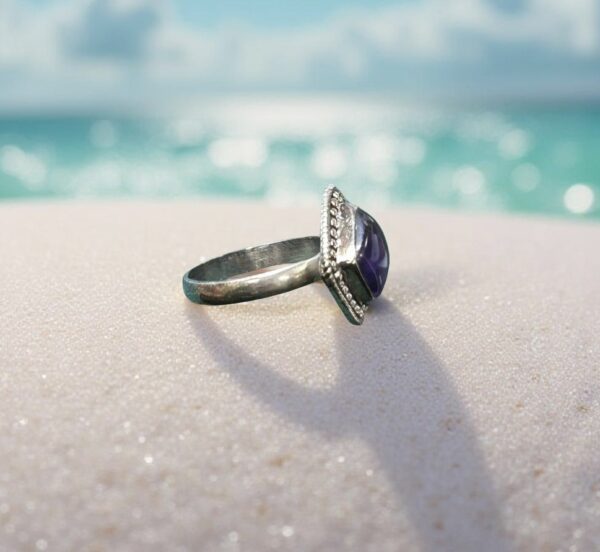 Square Amethyst Beaded Silver Ring Size 6.25 - Image 3