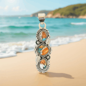 Triple Spiny Oyster Turquoise Dahlia Pendant.