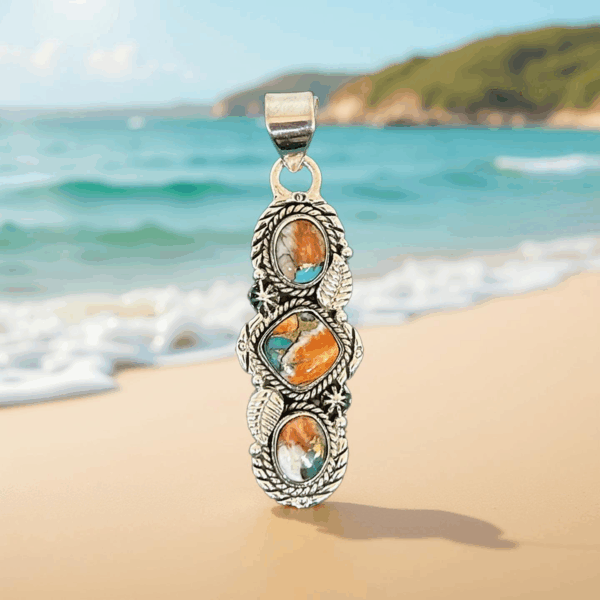 Triple Spiny Oyster Turquoise Dahlia Pendant.