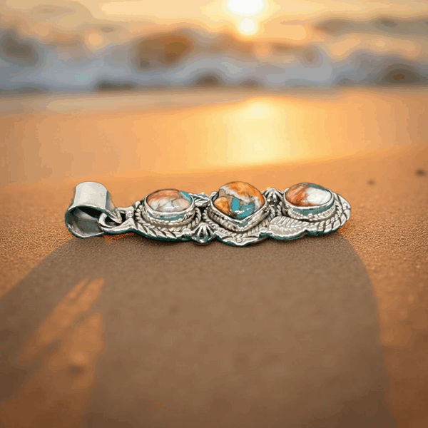 Triple Spiny Oyster Turquoise Dahlia Pendant. - Image 2