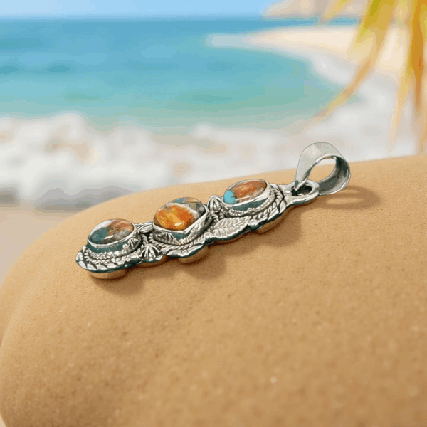 Triple Spiny Oyster Turquoise Dahlia Pendant. - Image 3