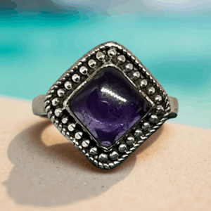 Square Amethyst Beaded Silver Ring Size 6.25