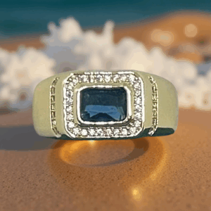 14K Gold-Filled Ring with Blue Sapphire and Diamond Halo – Size 11