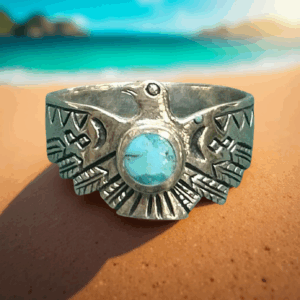 Sterling Silver Thunderbird Ring with Kingman Turquoise – Size 11.25