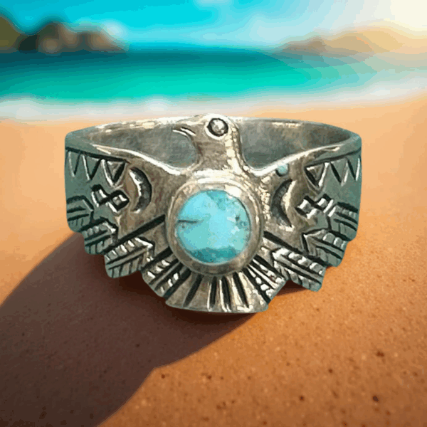 Sterling Silver Thunderbird Ring with Kingman Turquoise – Size 11.25
