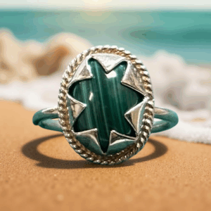 Sterling Silver Malachite Ring with Starburst Design – Size 8