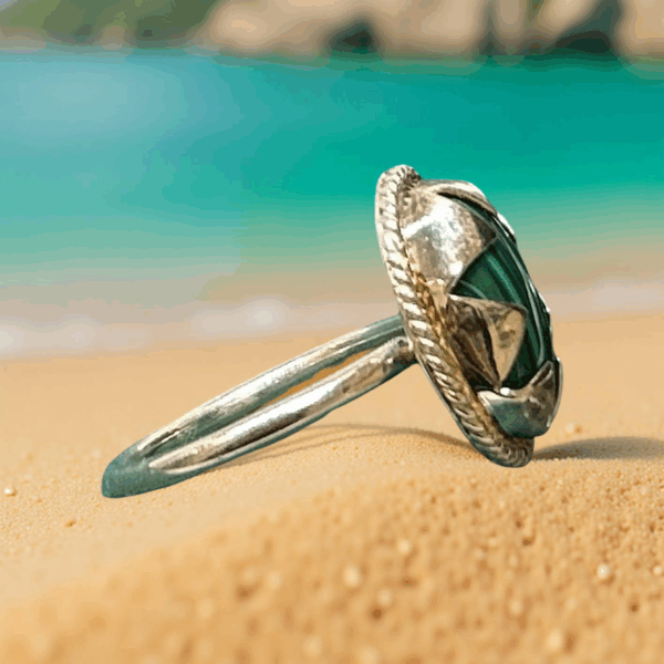 Sterling Silver Malachite Ring with Starburst Design – Size 8 - Image 2