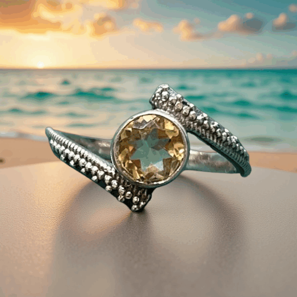 Sunbeam Citrine Bypass Ring – Sterling Silver, Size 6.75