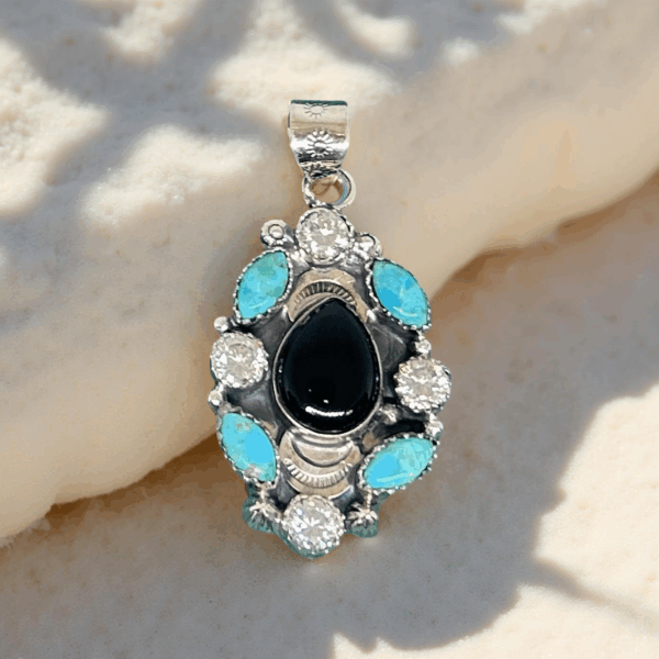 Midnight Sky Pendant – Black Onyx, Kingman Turquoise & CZ in Sterling Silver