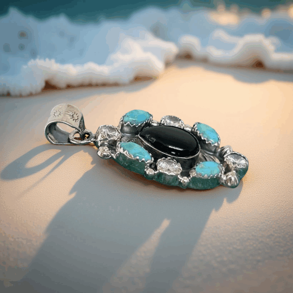 Midnight Sky Pendant – Black Onyx, Kingman Turquoise & CZ in Sterling Silver - Image 2