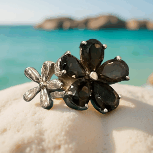 Midnight Bloom – Smoky Topaz Flower Ring Size 6.5